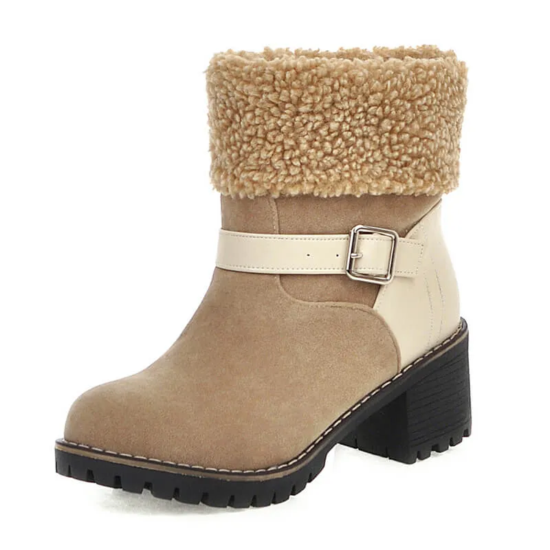 Winter Suede Chunky Heel Buckle Ankle Boots