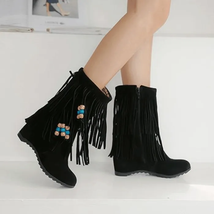 Winter Wedge High Heel Fringe Mid Calf Boots