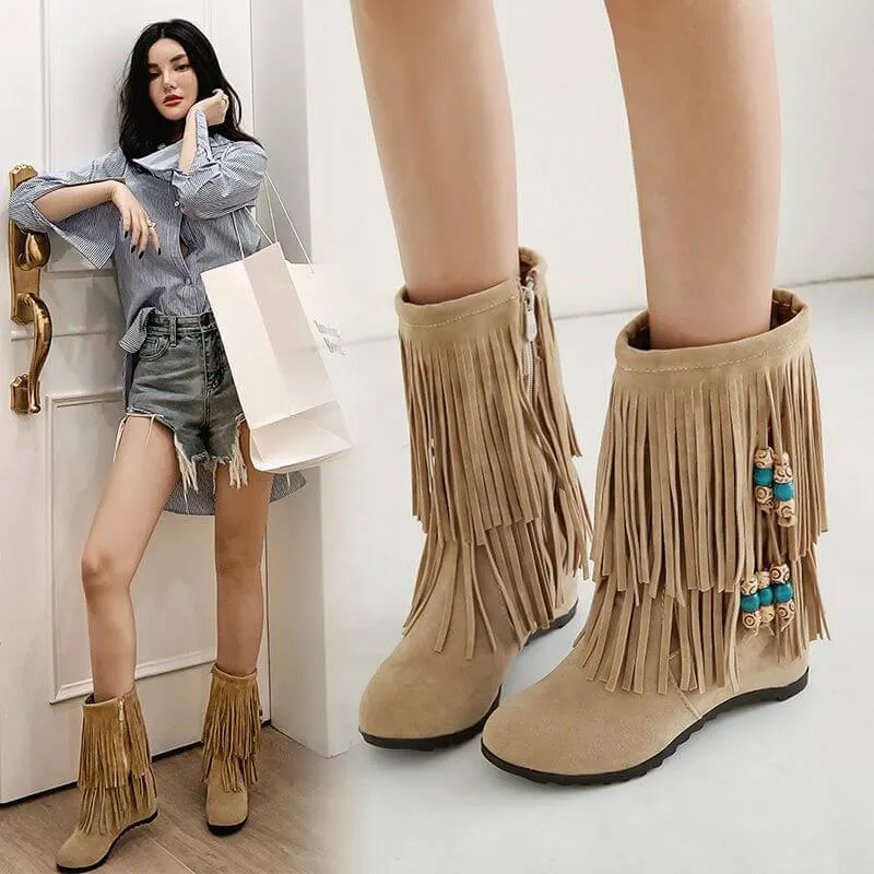 Winter Wedge High Heel Fringe Mid Calf Boots