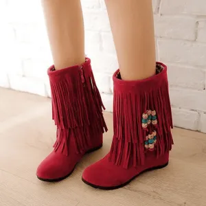Winter Wedge High Heel Fringe Mid Calf Boots