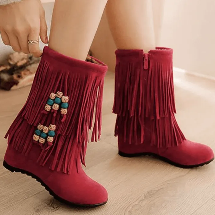 Winter Wedge High Heel Fringe Mid Calf Boots