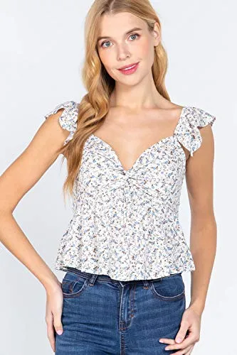 Women's Cami Ruffle Strap Back Smocked Print Floral Woven Linen Top