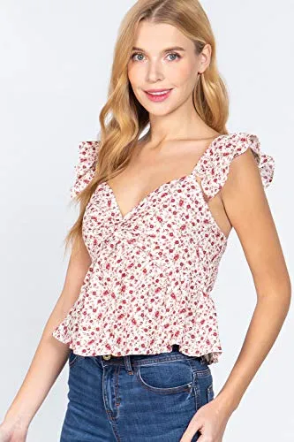 Women's Cami Ruffle Strap Back Smocked Print Floral Woven Linen Top