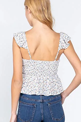 Women's Cami Ruffle Strap Back Smocked Print Floral Woven Linen Top