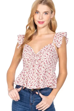 Women's Cami Ruffle Strap Back Smocked Print Floral Woven Linen Top