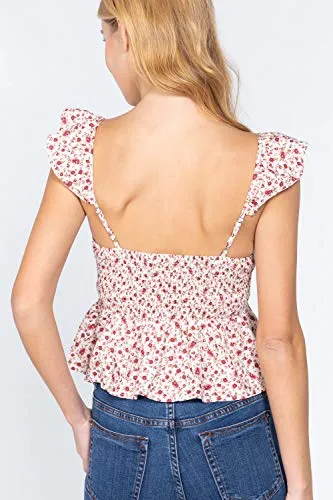 Women's Cami Ruffle Strap Back Smocked Print Floral Woven Linen Top