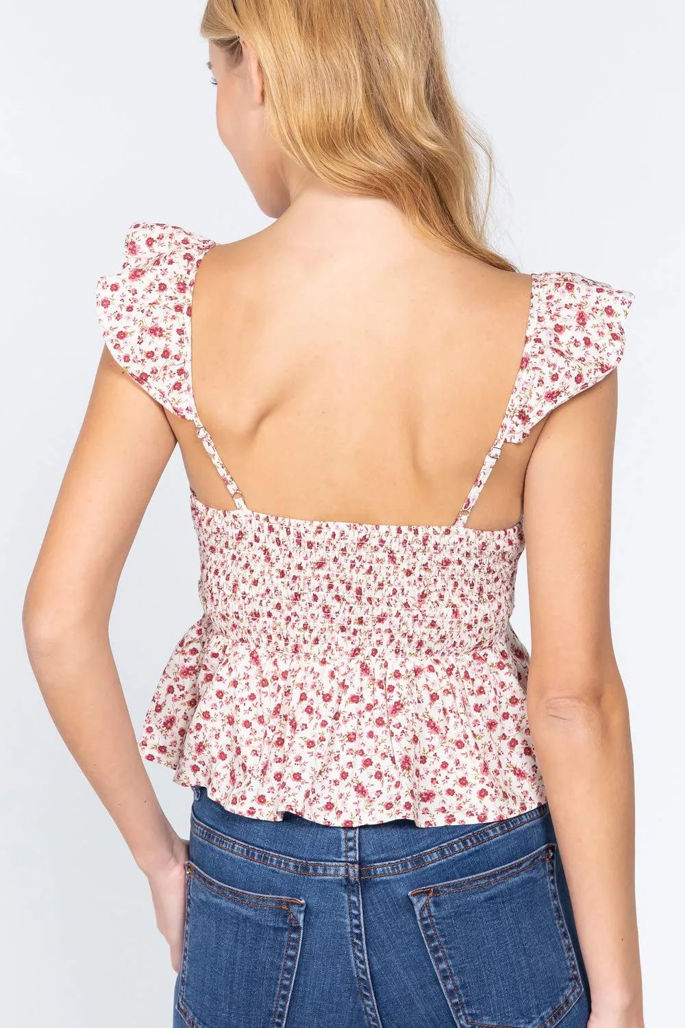 Women's Cami Ruffle Strap Back Smocked Print Floral Woven Linen Top
